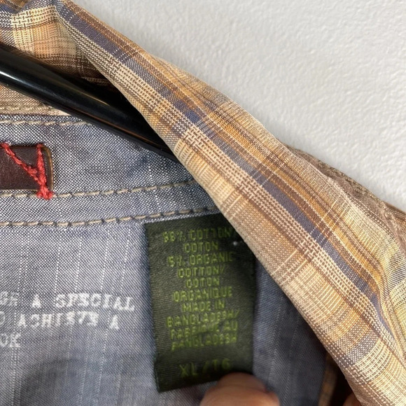 TIMBERLAND Mens Aged Washed Plaid Shirt Tan Brown Organic Cotton Long Sleeve XL - Picture 10 of 13